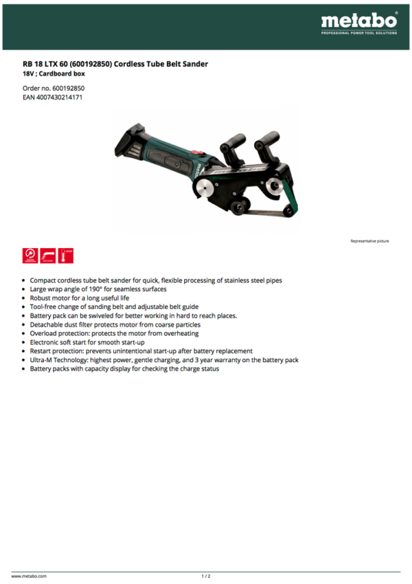 Metabo RB 18 LTX 60 Cordless Tube Belt Sander 600192850 Millerwelds