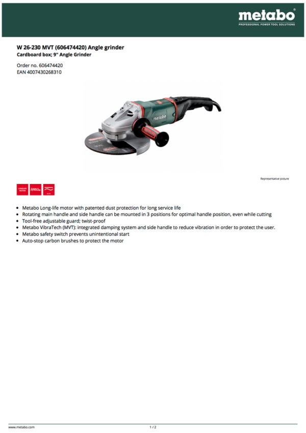 Metabo W26-230 MVT 9″ 15.0A Angle Grinder – 606474420 | Millerwelds